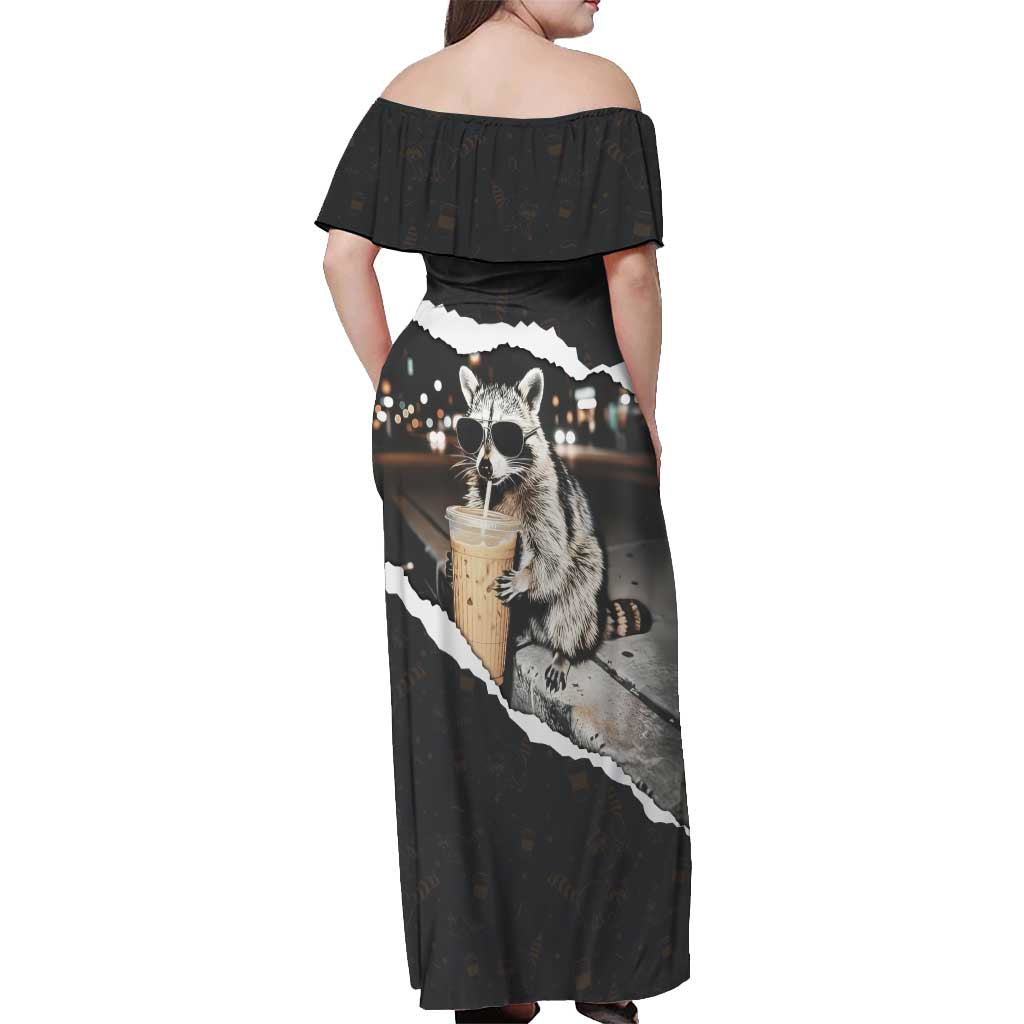 Cool Raccoon Drinking Iced Coffee Off Shoulder Maxi Dress Funny Animal Meme Urban Night Photography