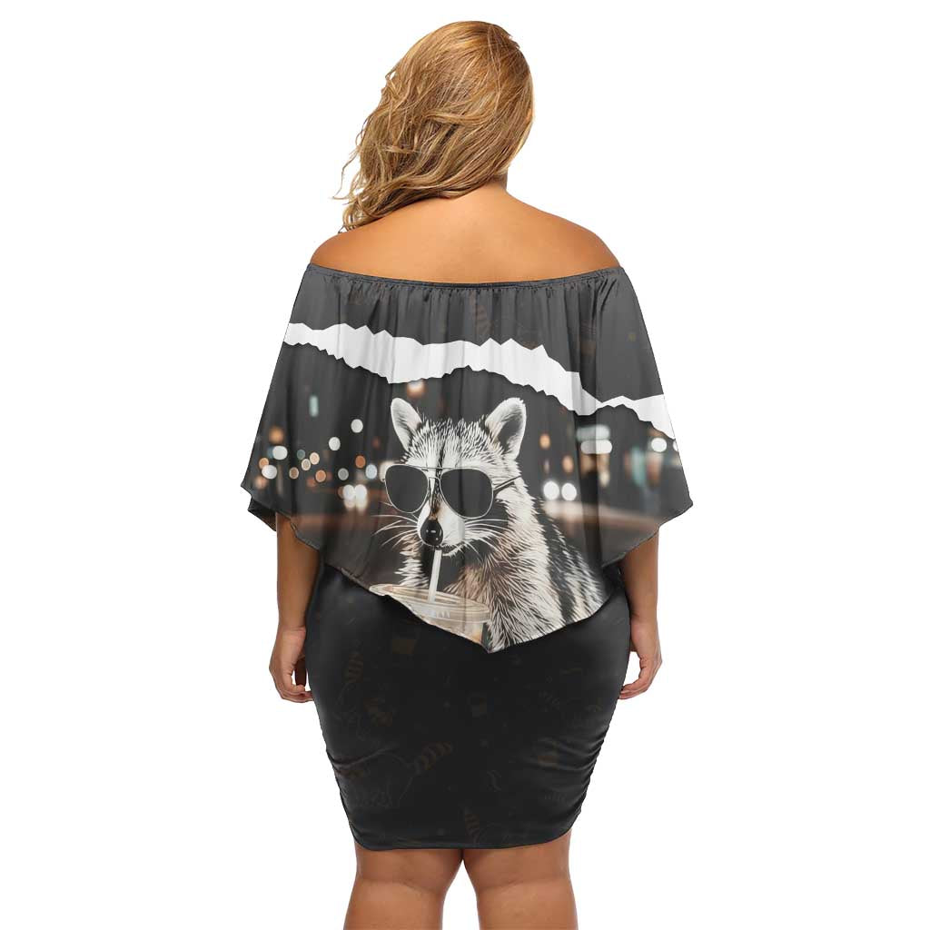 Cool Raccoon Drinking Iced Coffee Off Shoulder Short Dress Funny Animal Meme Urban Night Photography