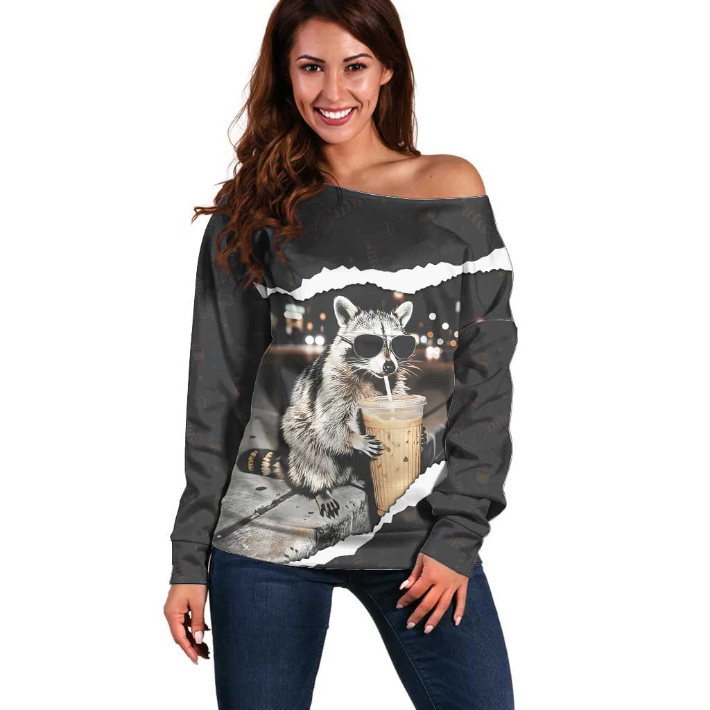 Cool Raccoon Drinking Iced Coffee Off Shoulder Sweater Funny Animal Meme Urban Night Photography