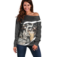 Cool Raccoon Drinking Iced Coffee Off Shoulder Sweater Funny Animal Meme Urban Night Photography