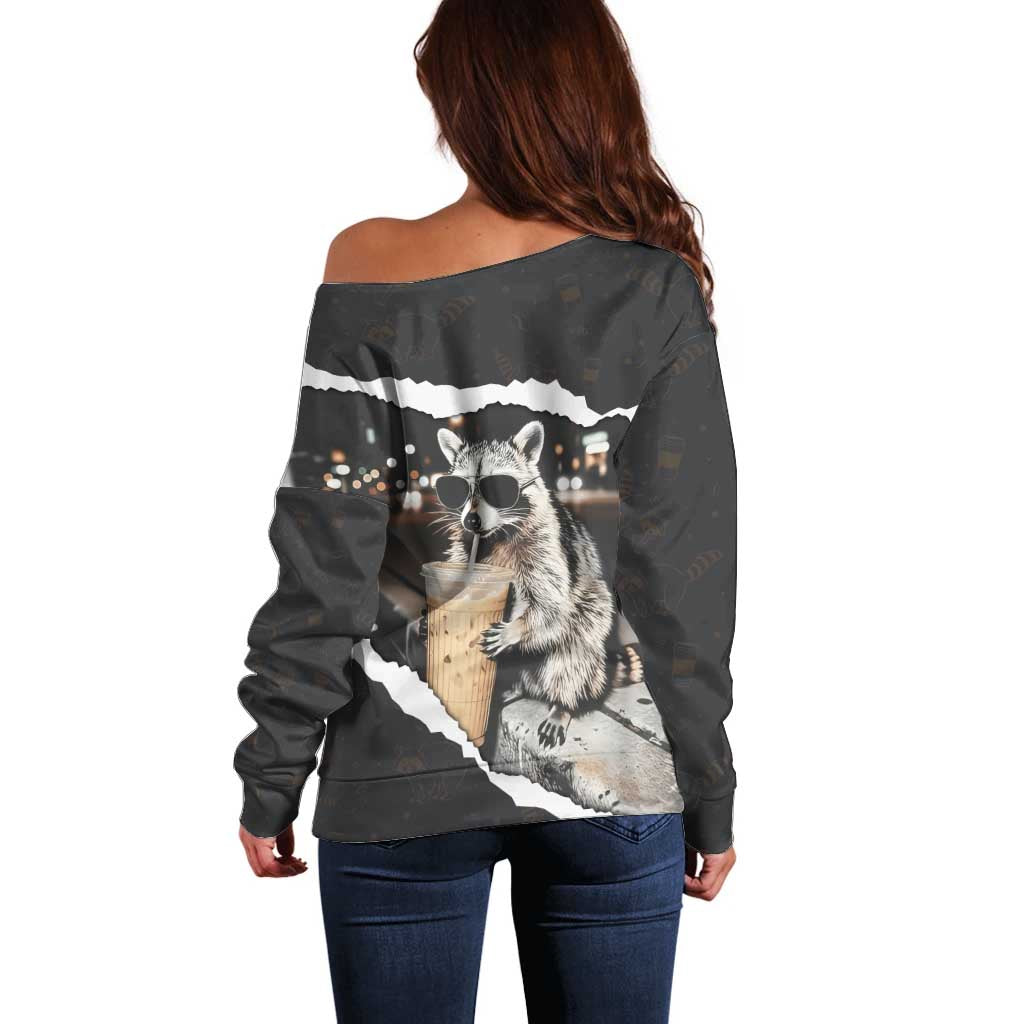 Cool Raccoon Drinking Iced Coffee Off Shoulder Sweater Funny Animal Meme Urban Night Photography