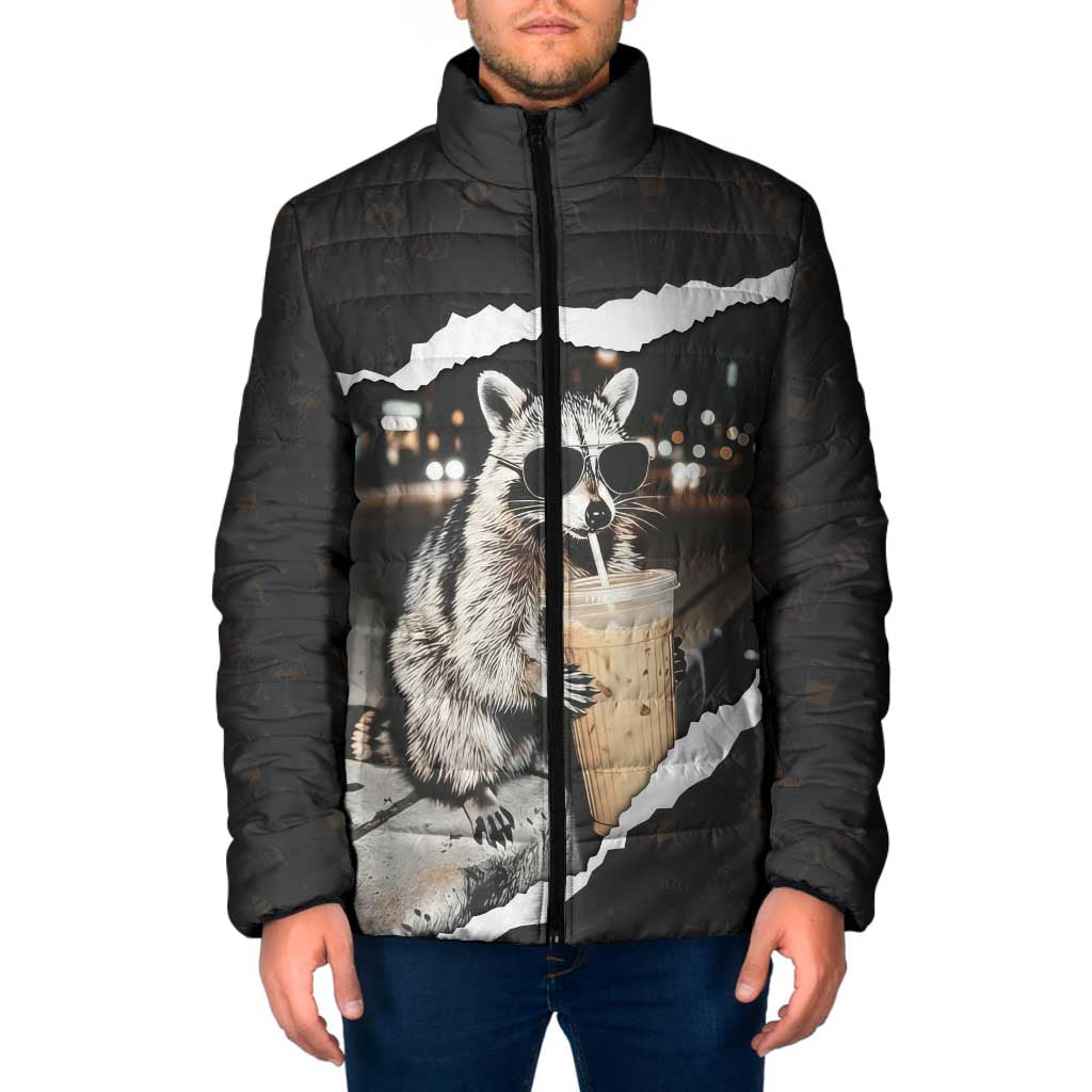 Cool Raccoon Drinking Iced Coffee Padded Jacket Funny Animal Meme Urban Night Photography