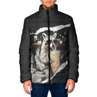 Cool Raccoon Drinking Iced Coffee Padded Jacket Funny Animal Meme Urban Night Photography