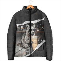 Cool Raccoon Drinking Iced Coffee Padded Jacket Funny Animal Meme Urban Night Photography