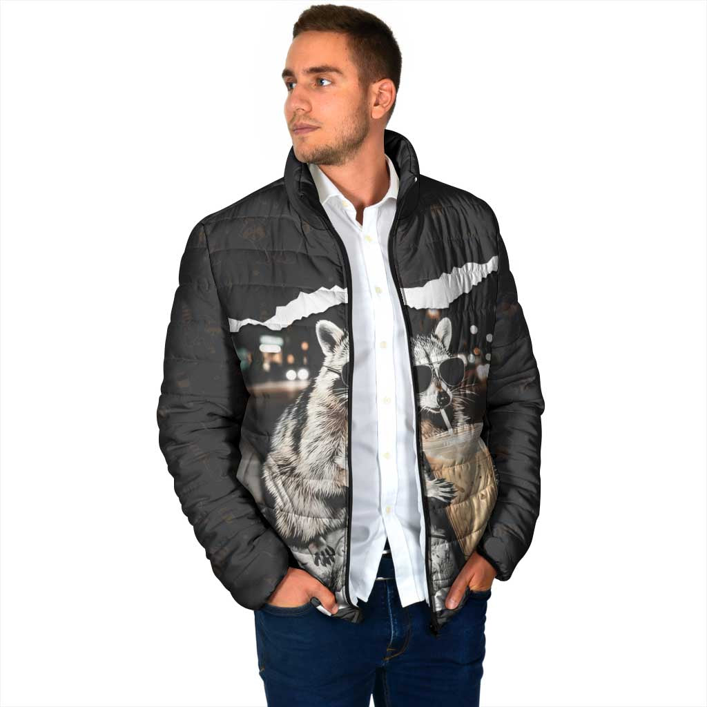 Cool Raccoon Drinking Iced Coffee Padded Jacket Funny Animal Meme Urban Night Photography