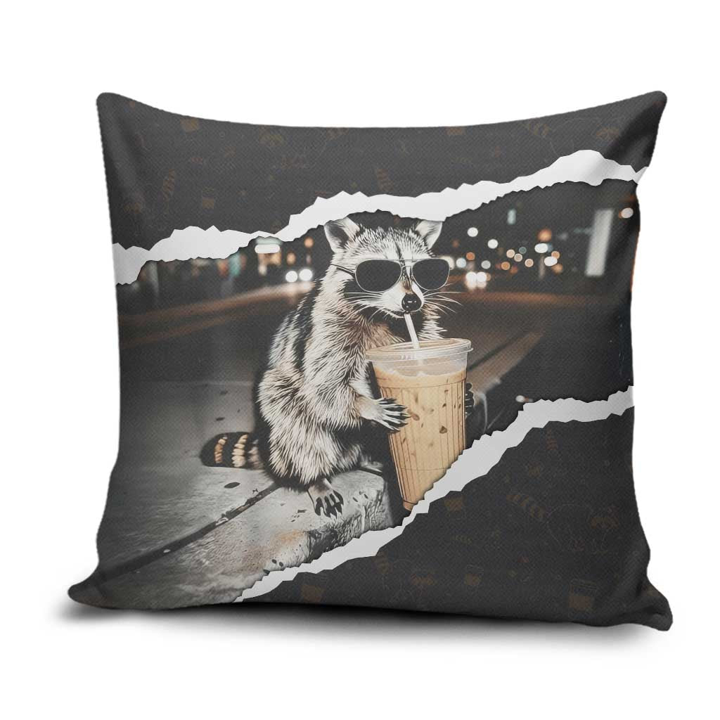 Cool Raccoon Drinking Iced Coffee Pillow Cover Funny Animal Meme Urban Night Photography