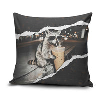 Cool Raccoon Drinking Iced Coffee Pillow Cover Funny Animal Meme Urban Night Photography