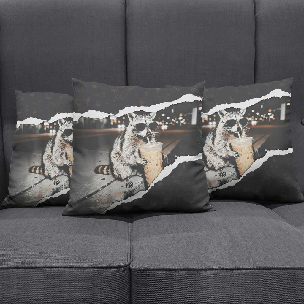 Cool Raccoon Drinking Iced Coffee Pillow Cover Funny Animal Meme Urban Night Photography