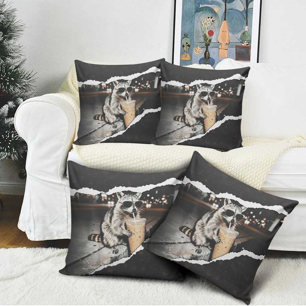 Cool Raccoon Drinking Iced Coffee Pillow Cover Funny Animal Meme Urban Night Photography