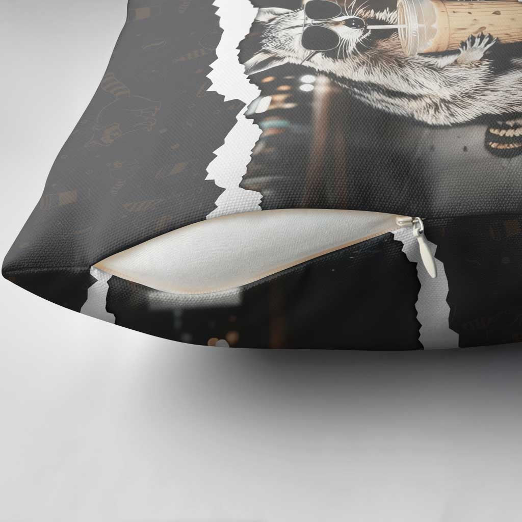 Cool Raccoon Drinking Iced Coffee Pillow Cover Funny Animal Meme Urban Night Photography
