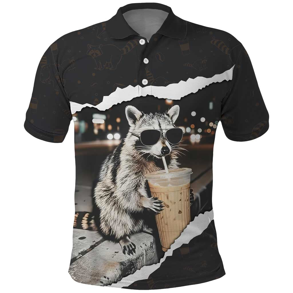 Cool Raccoon Drinking Iced Coffee Polo Shirt Funny Animal Meme Urban Night Photography