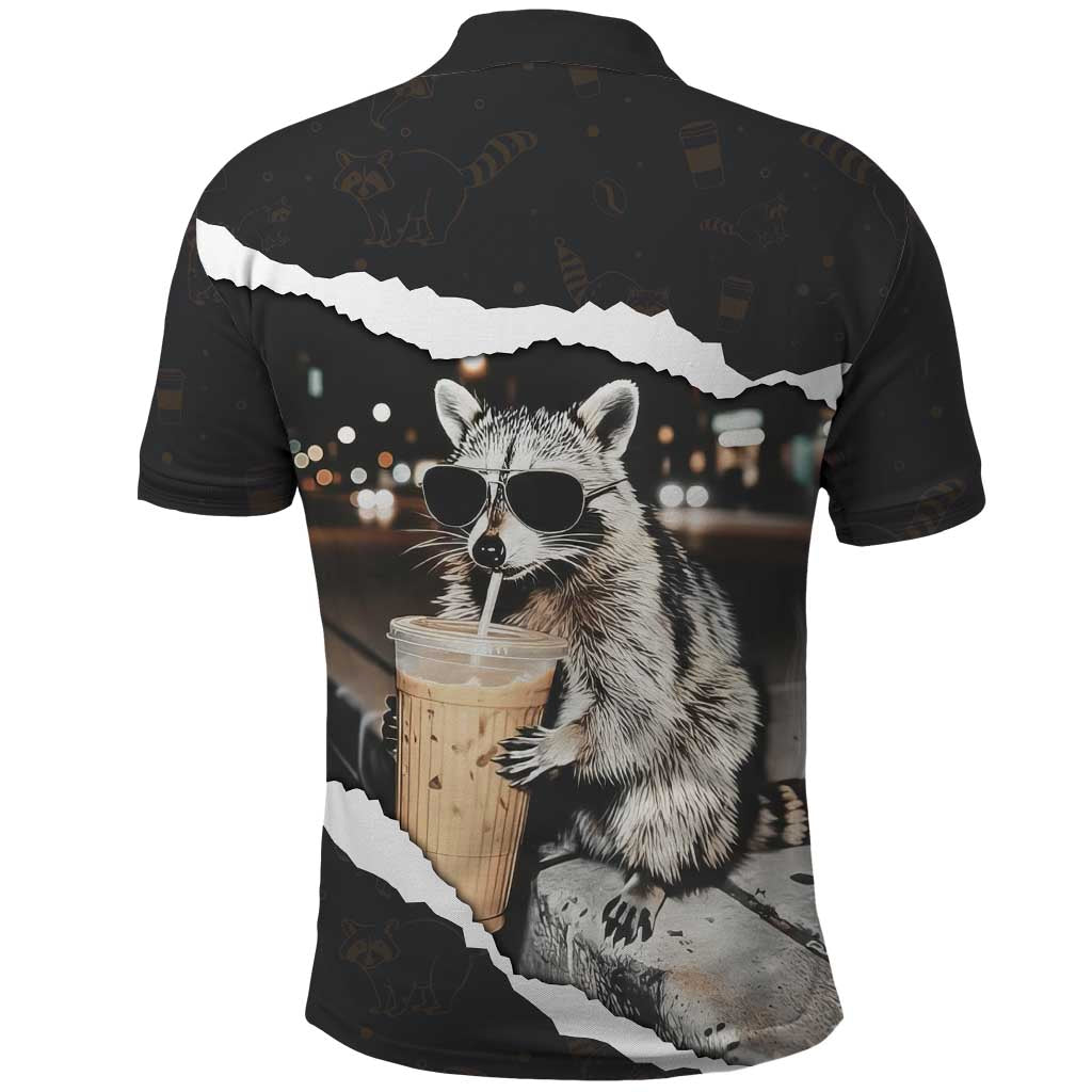 Cool Raccoon Drinking Iced Coffee Polo Shirt Funny Animal Meme Urban Night Photography