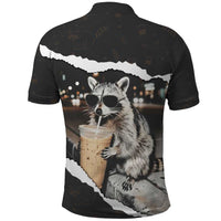 Cool Raccoon Drinking Iced Coffee Polo Shirt Funny Animal Meme Urban Night Photography