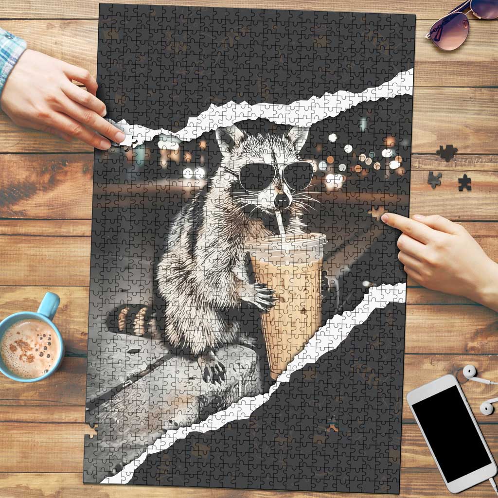 Cool Raccoon Drinking Iced Coffee Puzzle Funny Animal Meme Urban Night Photography