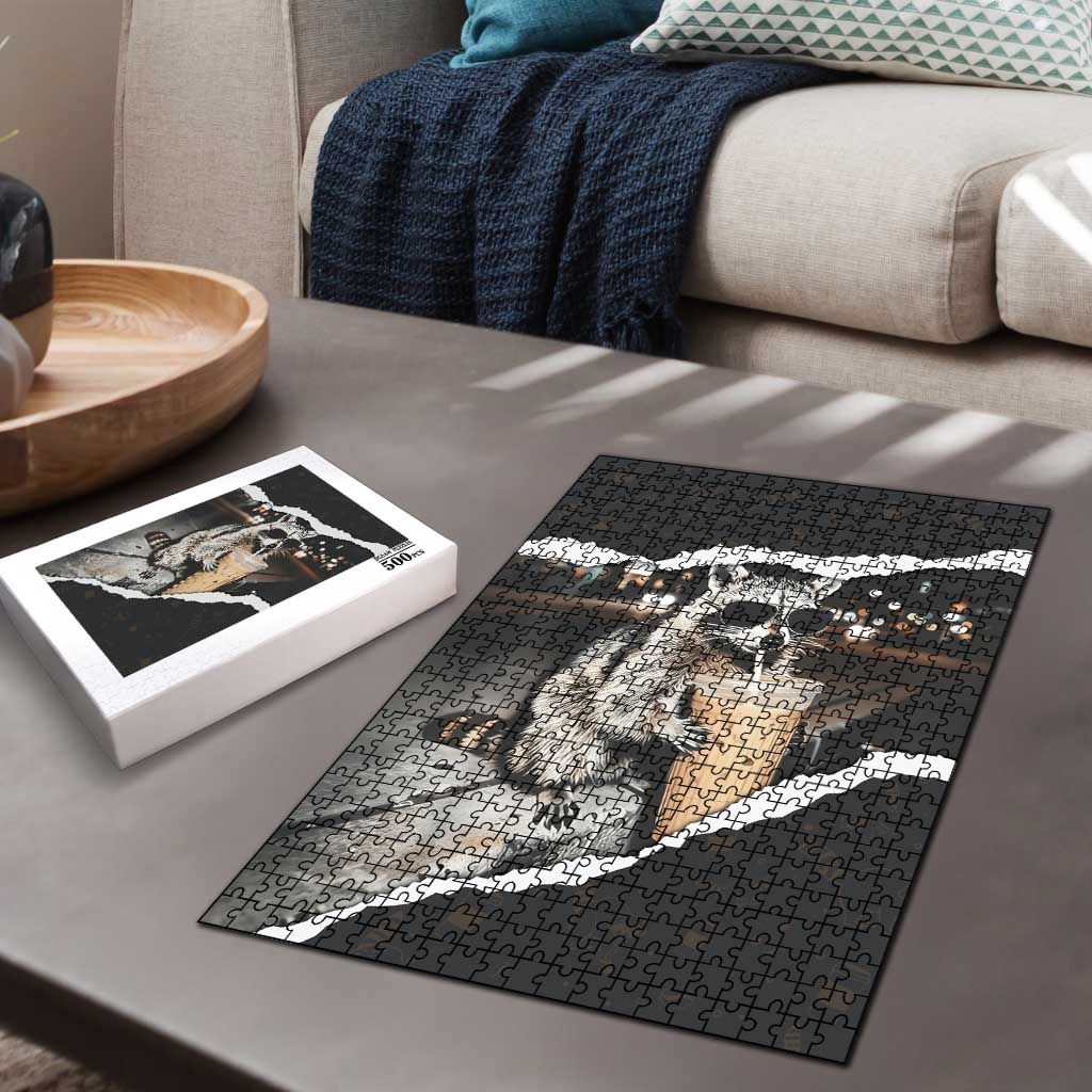 Cool Raccoon Drinking Iced Coffee Puzzle Funny Animal Meme Urban Night Photography