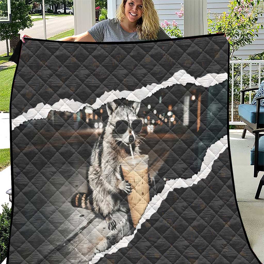 Cool Raccoon Drinking Iced Coffee Quilt Funny Animal Meme Urban Night Photography