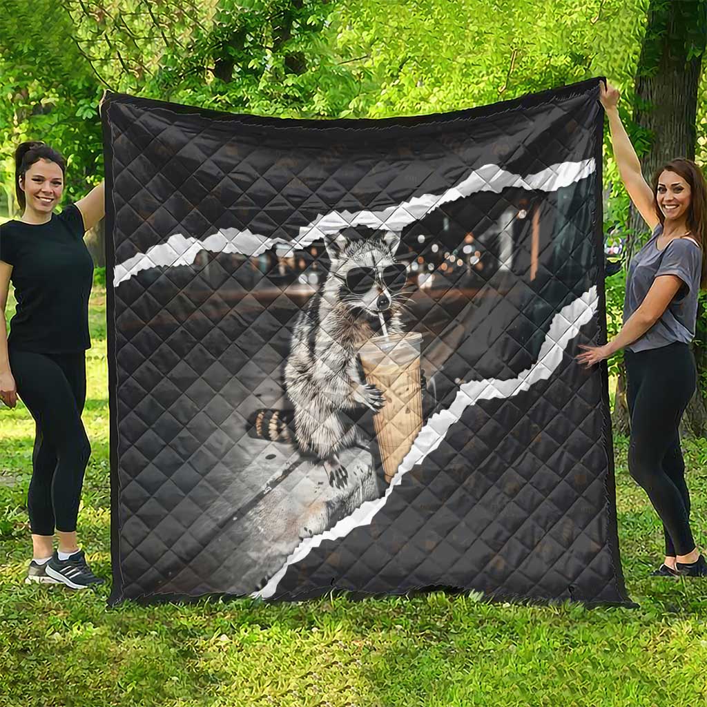 Cool Raccoon Drinking Iced Coffee Quilt Funny Animal Meme Urban Night Photography