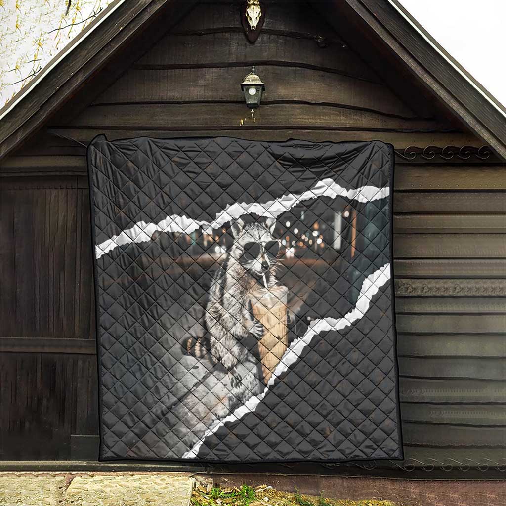 Cool Raccoon Drinking Iced Coffee Quilt Funny Animal Meme Urban Night Photography