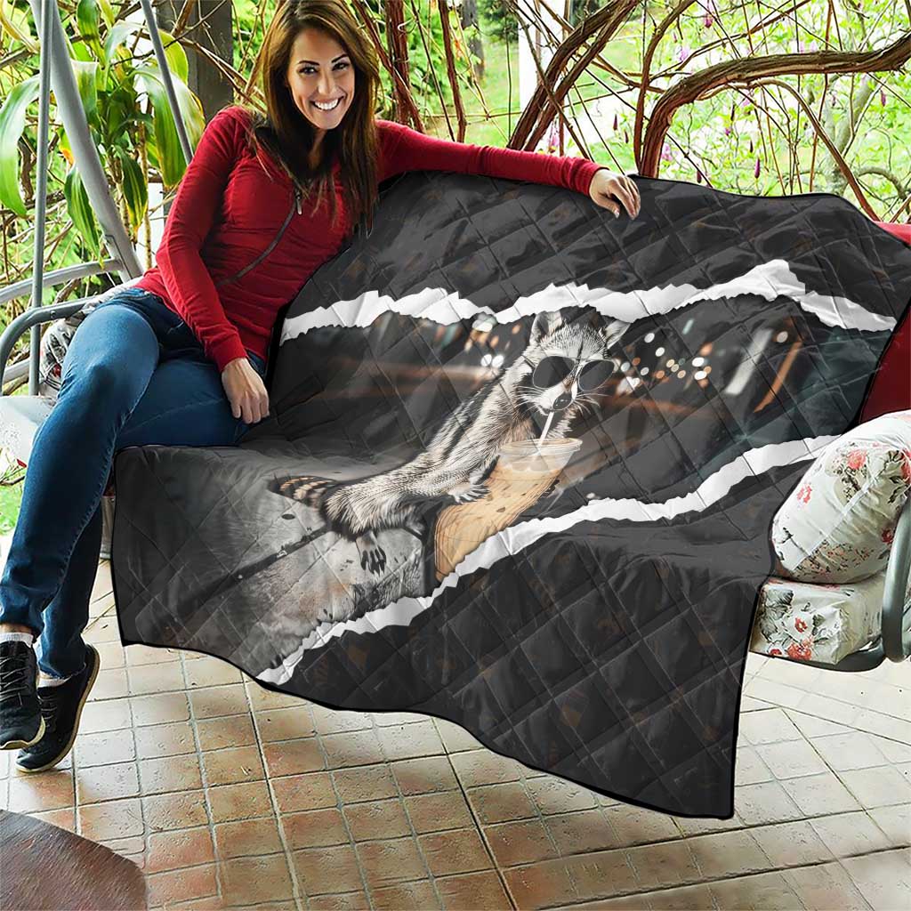 Cool Raccoon Drinking Iced Coffee Quilt Funny Animal Meme Urban Night Photography