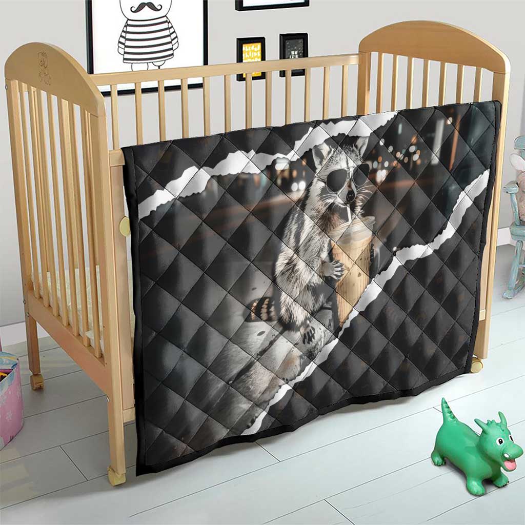 Cool Raccoon Drinking Iced Coffee Quilt Funny Animal Meme Urban Night Photography