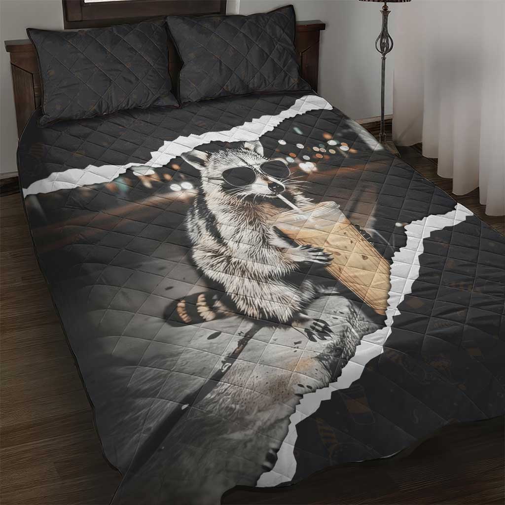 Cool Raccoon Drinking Iced Coffee Quilt Bed Set Funny Animal Meme Urban Night Photography