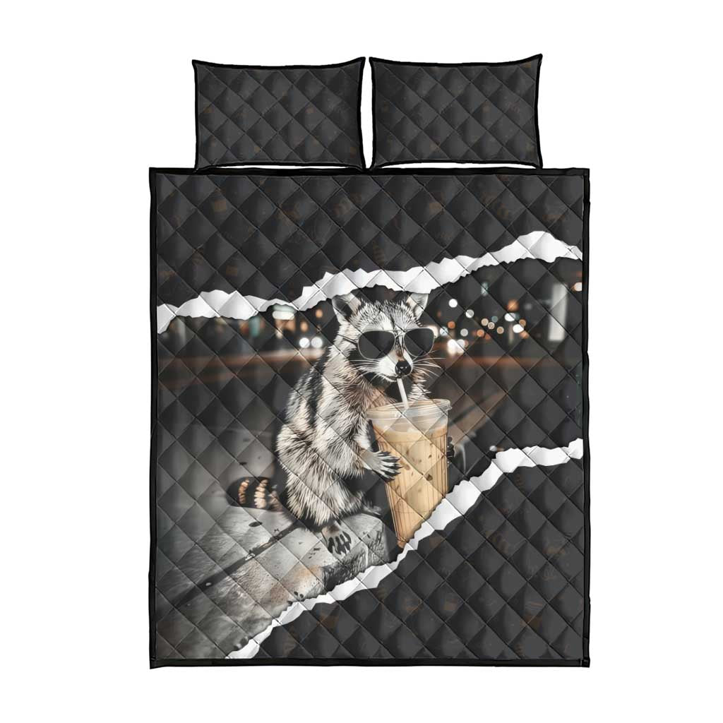Cool Raccoon Drinking Iced Coffee Quilt Bed Set Funny Animal Meme Urban Night Photography