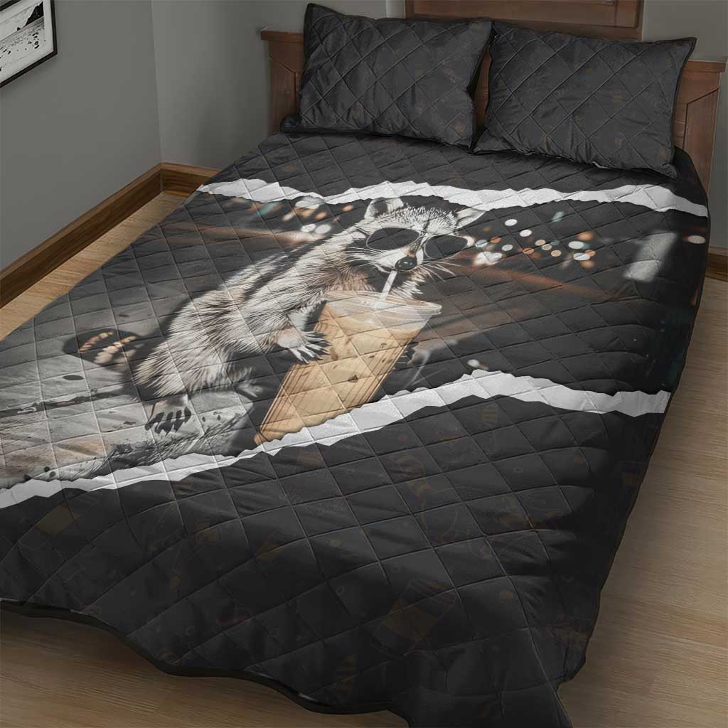 Cool Raccoon Drinking Iced Coffee Quilt Bed Set Funny Animal Meme Urban Night Photography
