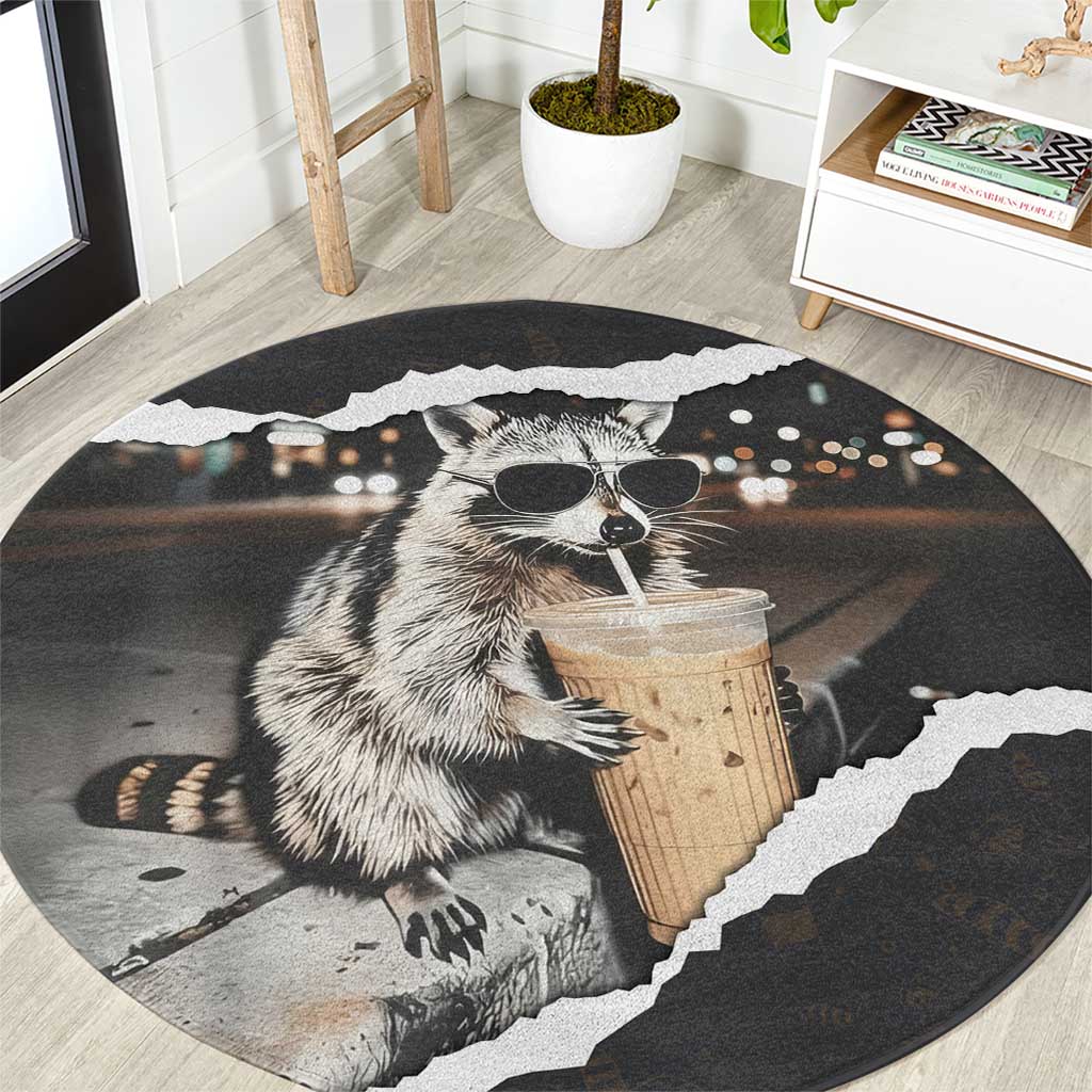 Cool Raccoon Drinking Iced Coffee Round Carpet Funny Animal Meme Urban Night Photography