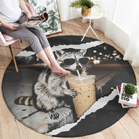 Cool Raccoon Drinking Iced Coffee Round Carpet Funny Animal Meme Urban Night Photography