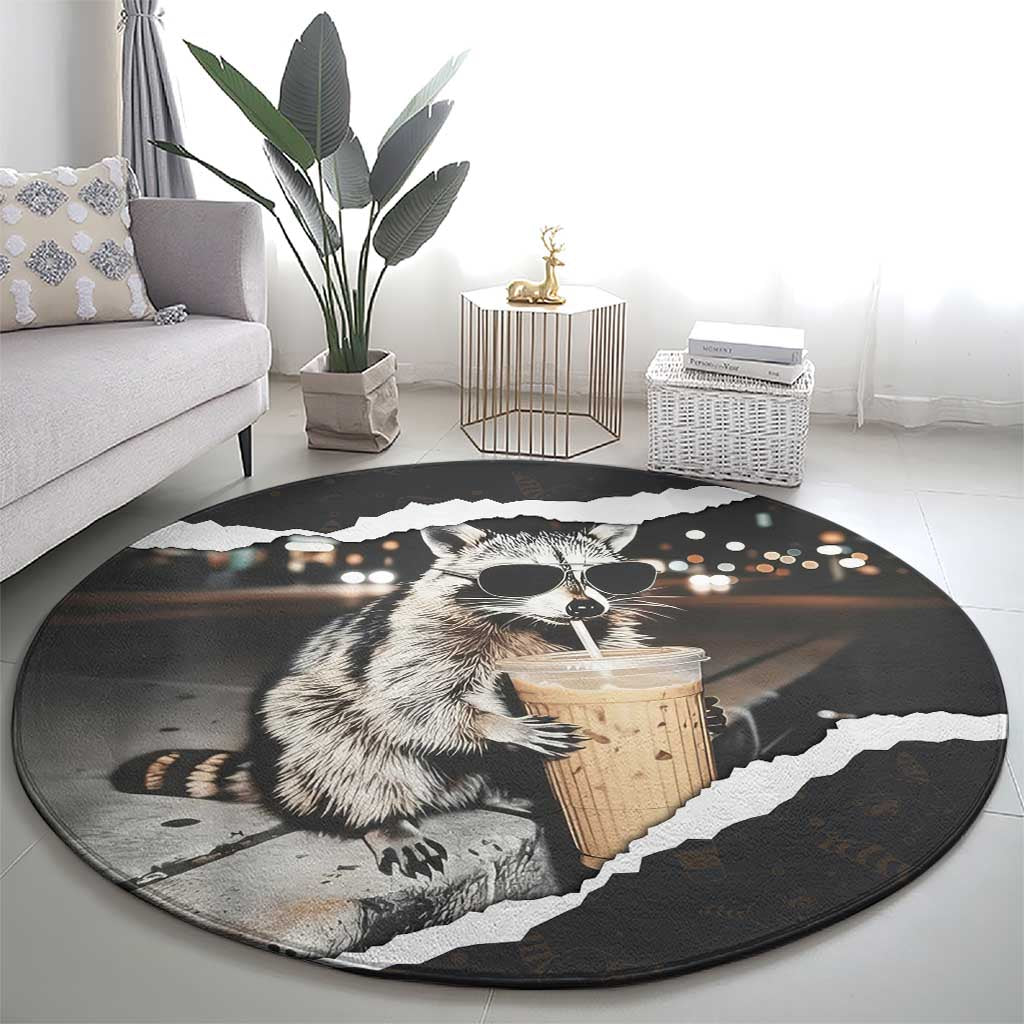 Cool Raccoon Drinking Iced Coffee Round Carpet Funny Animal Meme Urban Night Photography