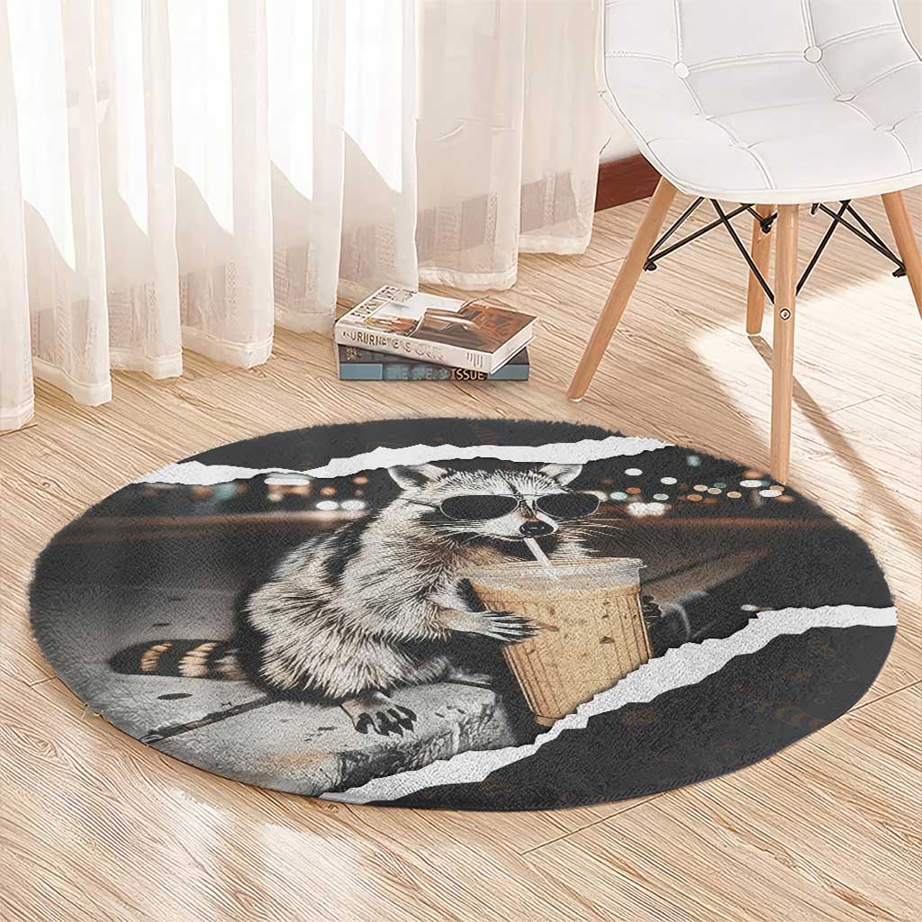 Cool Raccoon Drinking Iced Coffee Round Carpet Funny Animal Meme Urban Night Photography