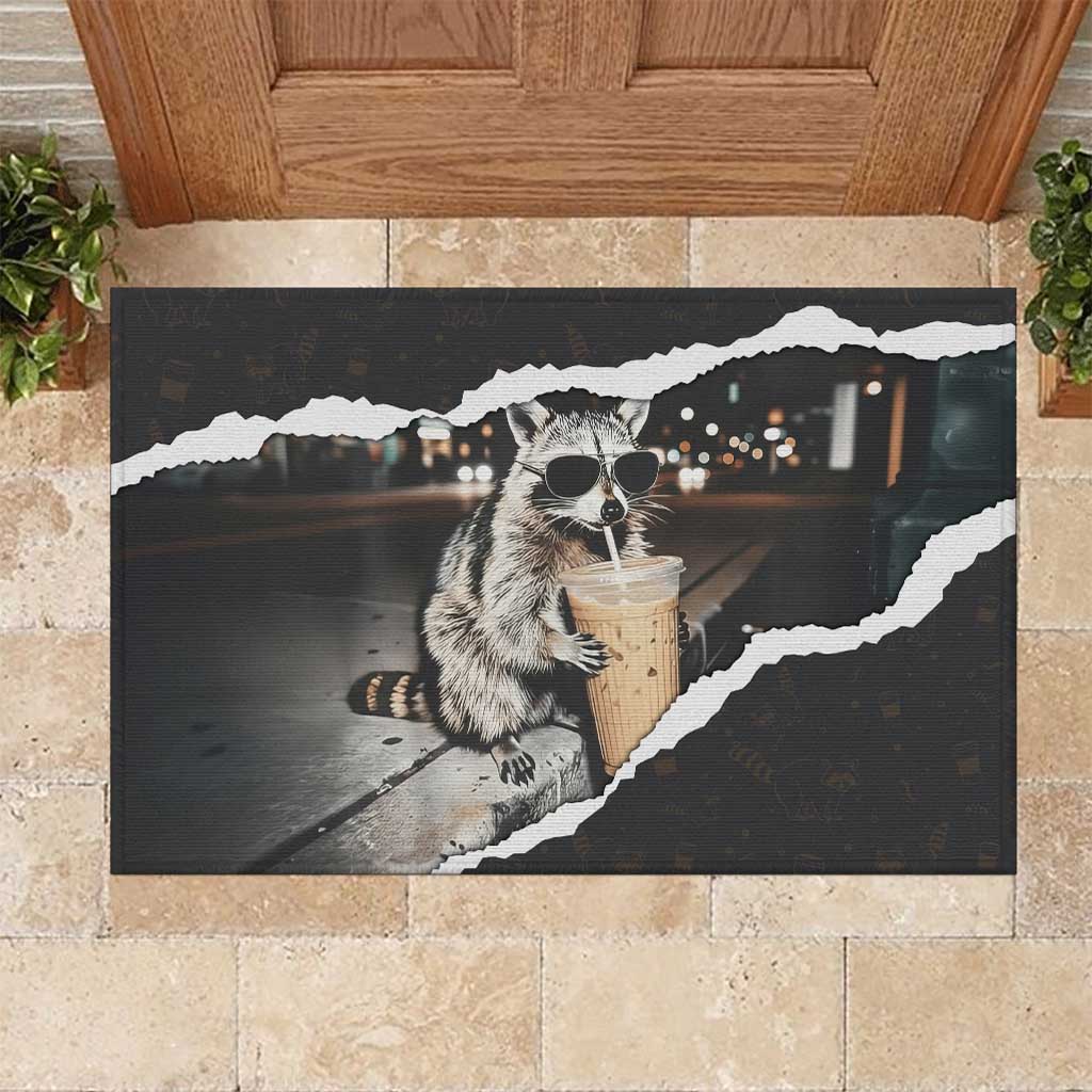 Cool Raccoon Drinking Iced Coffee Rubber Doormat Funny Animal Meme Urban Night Photography