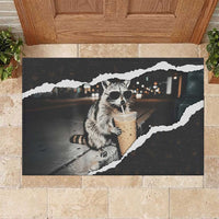 Cool Raccoon Drinking Iced Coffee Rubber Doormat Funny Animal Meme Urban Night Photography