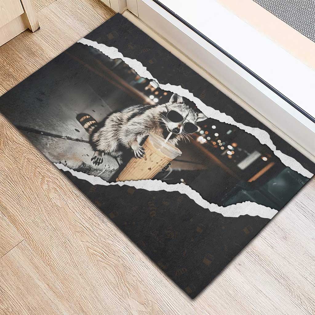 Cool Raccoon Drinking Iced Coffee Rubber Doormat Funny Animal Meme Urban Night Photography