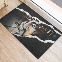 Cool Raccoon Drinking Iced Coffee Rubber Doormat Funny Animal Meme Urban Night Photography