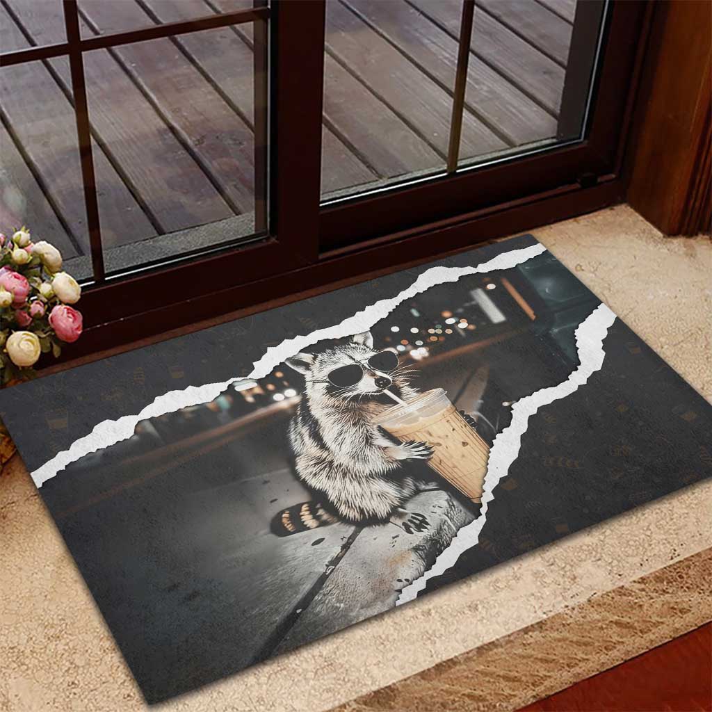 Cool Raccoon Drinking Iced Coffee Rubber Doormat Funny Animal Meme Urban Night Photography
