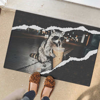 Cool Raccoon Drinking Iced Coffee Rubber Doormat Funny Animal Meme Urban Night Photography
