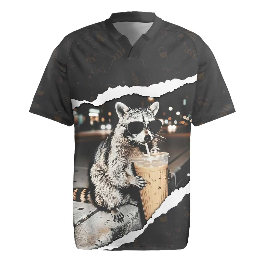 Cool Raccoon Drinking Iced Coffee Rugby Jersey Funny Animal Meme Urban Night Photography