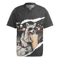 Cool Raccoon Drinking Iced Coffee Rugby Jersey Funny Animal Meme Urban Night Photography