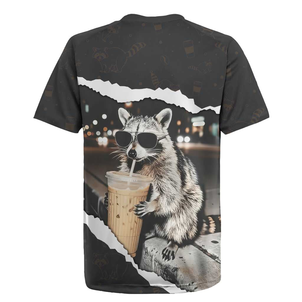 Cool Raccoon Drinking Iced Coffee Rugby Jersey Funny Animal Meme Urban Night Photography