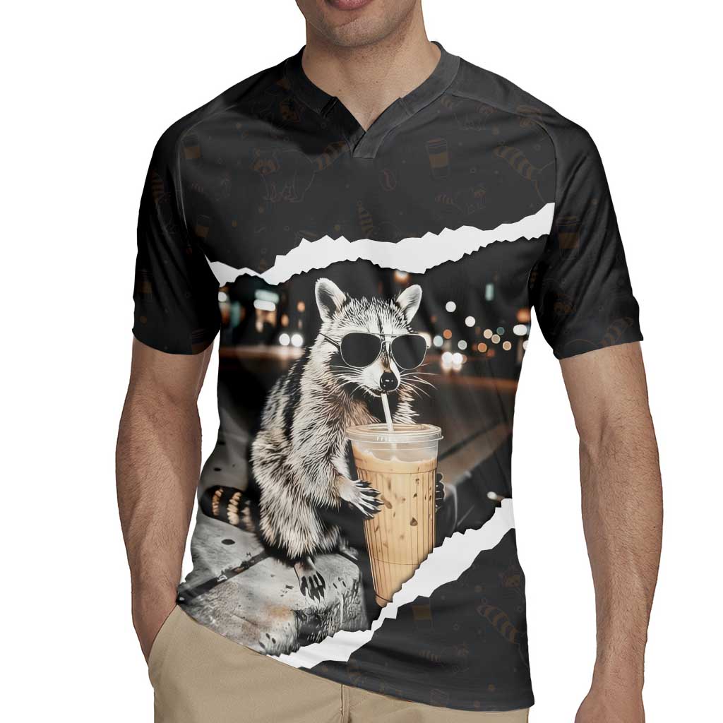 Cool Raccoon Drinking Iced Coffee Rugby Jersey Funny Animal Meme Urban Night Photography