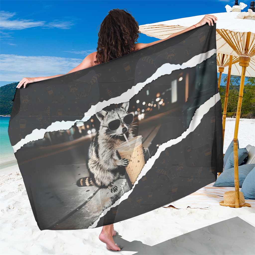 Cool Raccoon Drinking Iced Coffee Sarong Funny Animal Meme Urban Night Photography