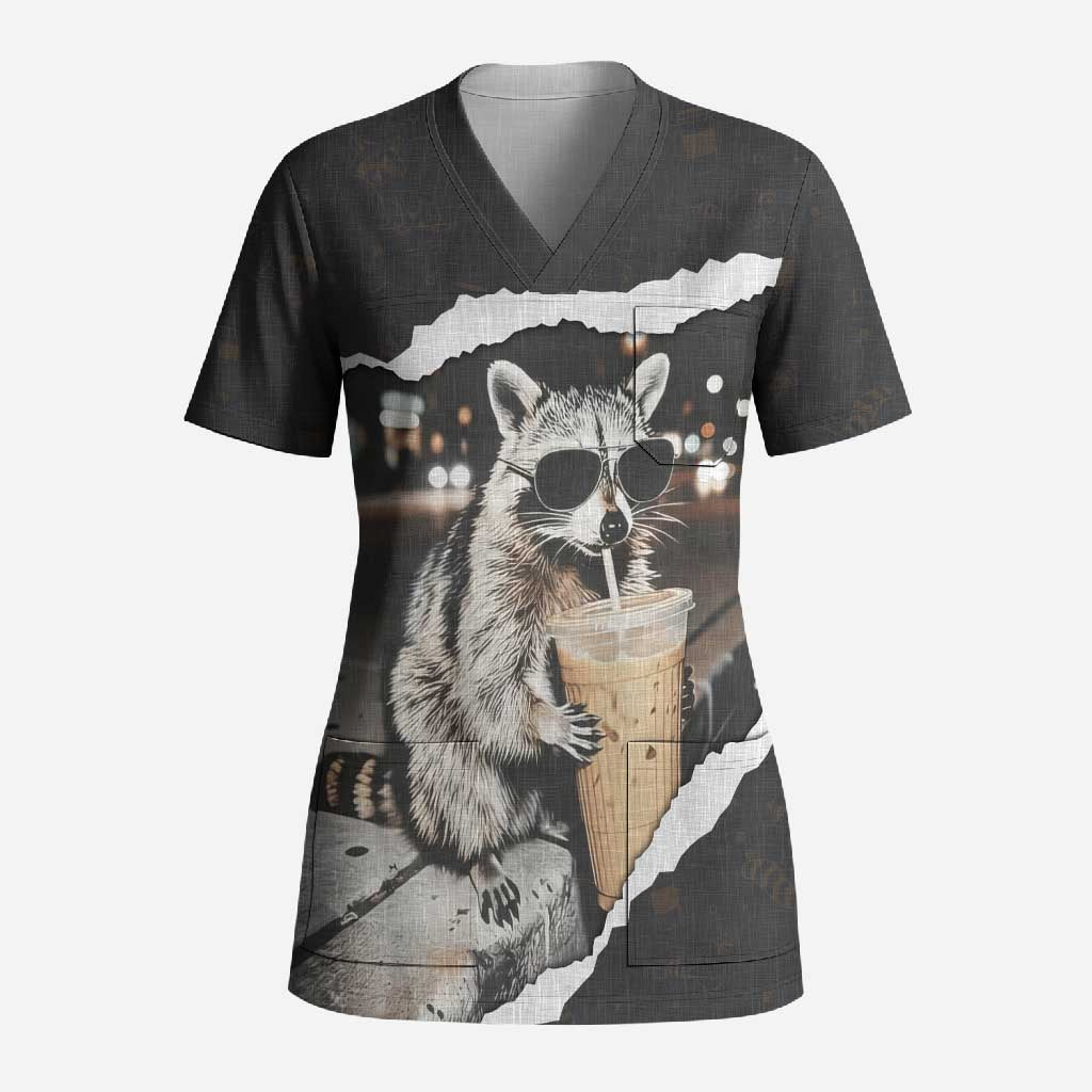 Cool Raccoon Drinking Iced Coffee Scrub Top Funny Animal Meme Urban Night Photography