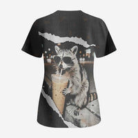 Cool Raccoon Drinking Iced Coffee Scrub Top Funny Animal Meme Urban Night Photography