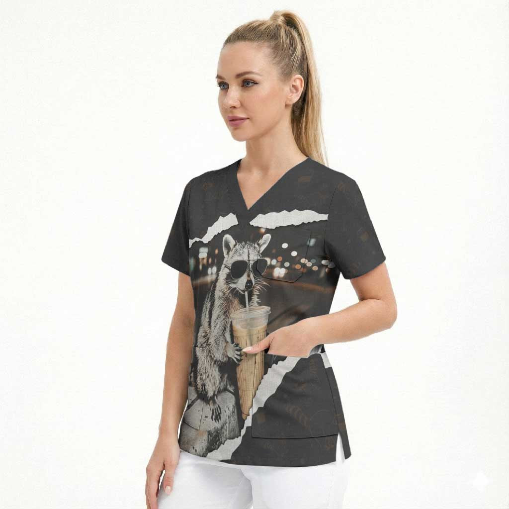 Cool Raccoon Drinking Iced Coffee Scrub Top Funny Animal Meme Urban Night Photography