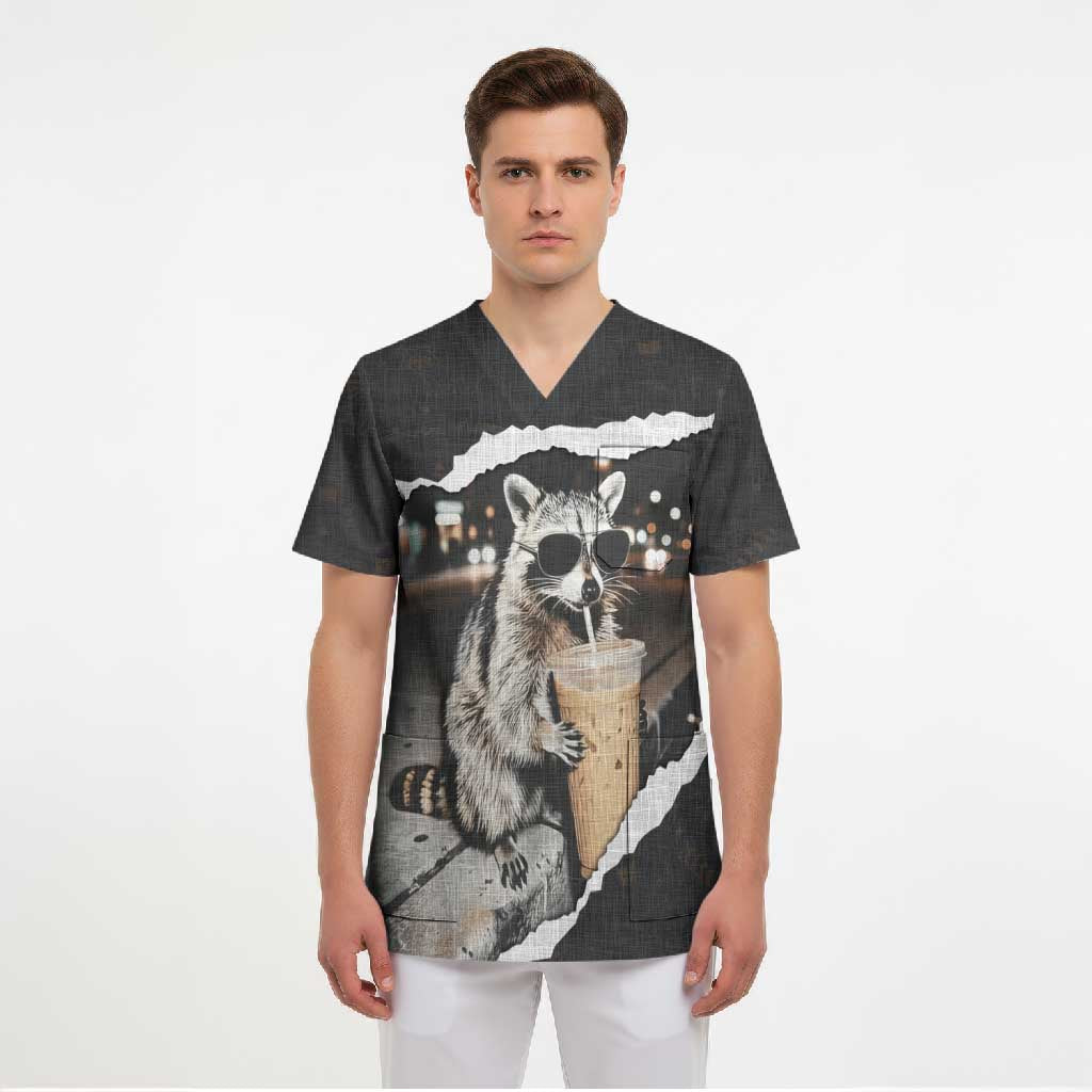 Cool Raccoon Drinking Iced Coffee Scrub Top Funny Animal Meme Urban Night Photography