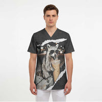 Cool Raccoon Drinking Iced Coffee Scrub Top Funny Animal Meme Urban Night Photography