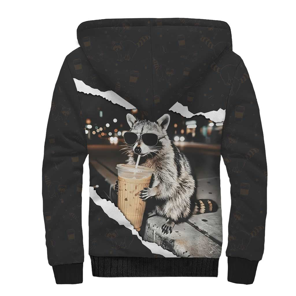 Cool Raccoon Drinking Iced Coffee Sherpa Hoodie Funny Animal Meme Urban Night Photography