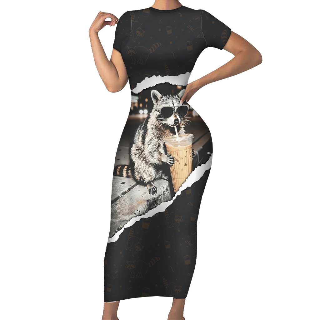 Cool Raccoon Drinking Iced Coffee Short Sleeve Bodycon Dress Funny Animal Meme Urban Night Photography