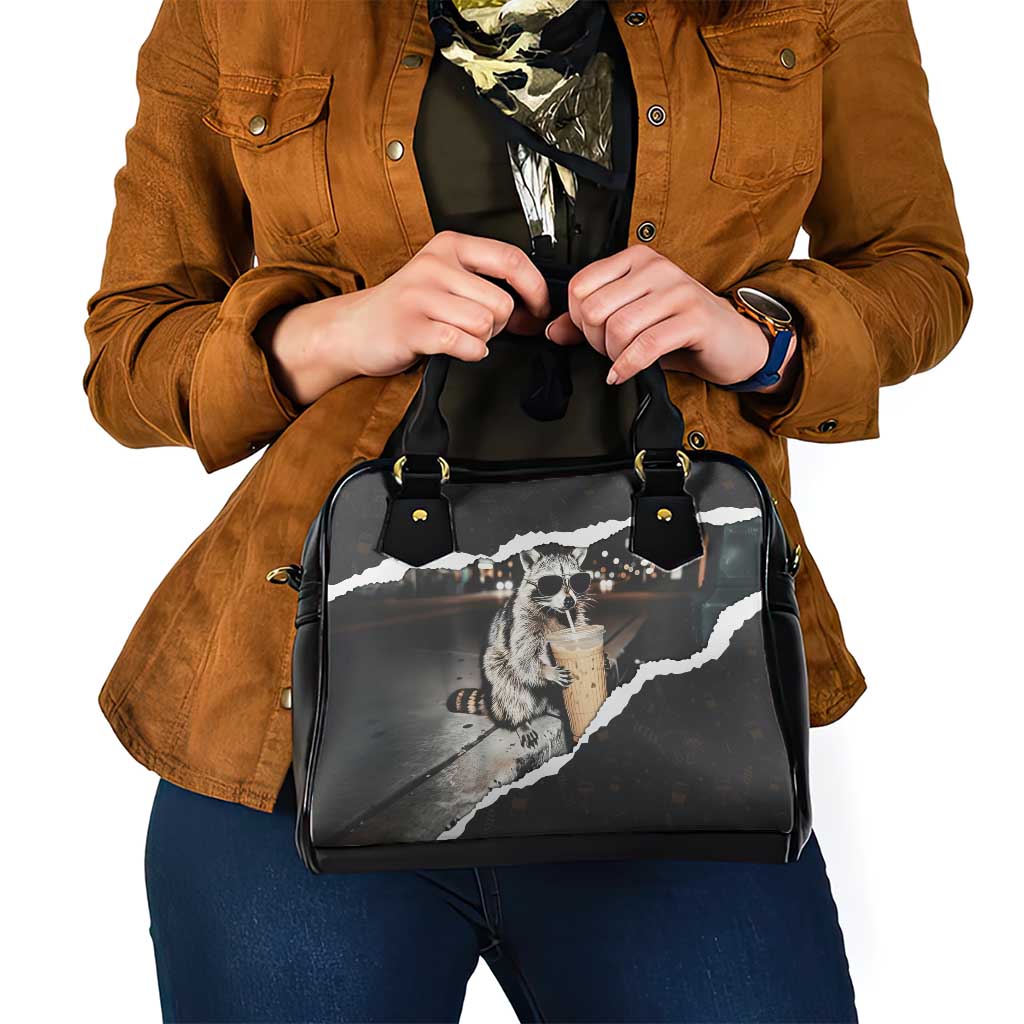 Cool Raccoon Drinking Iced Coffee Shoulder Handbag Funny Animal Meme Urban Night Photography